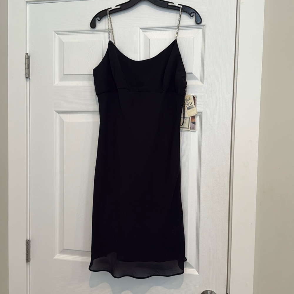 JESSICA MCCLINTOCK GUNNE SAX Vintage 90s Black Chiffon Dress Rhinestone Straps